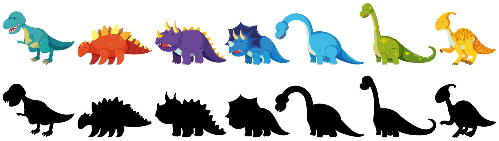 conjunto de dinosaurios negros y de colores vector