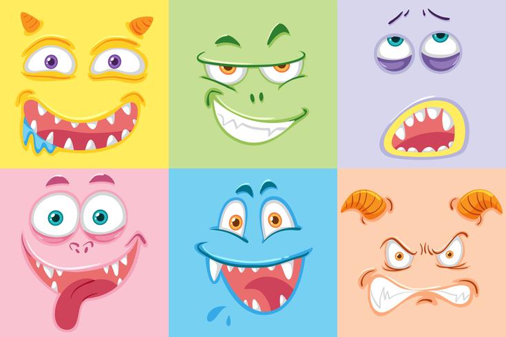 Conjunto de caras de monstruos de colores vector