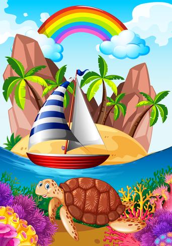 Ocean scene with turtle underwater vector