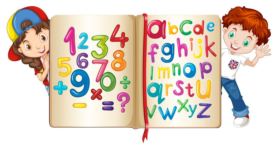 Children with book of numbers and alphabets vector