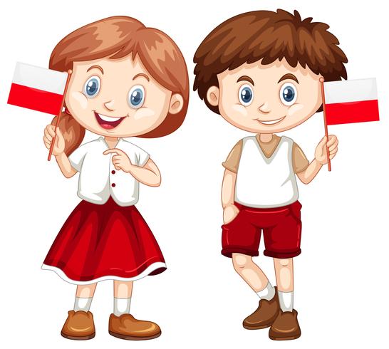 Happy boy and girl holding flag of Poland vector