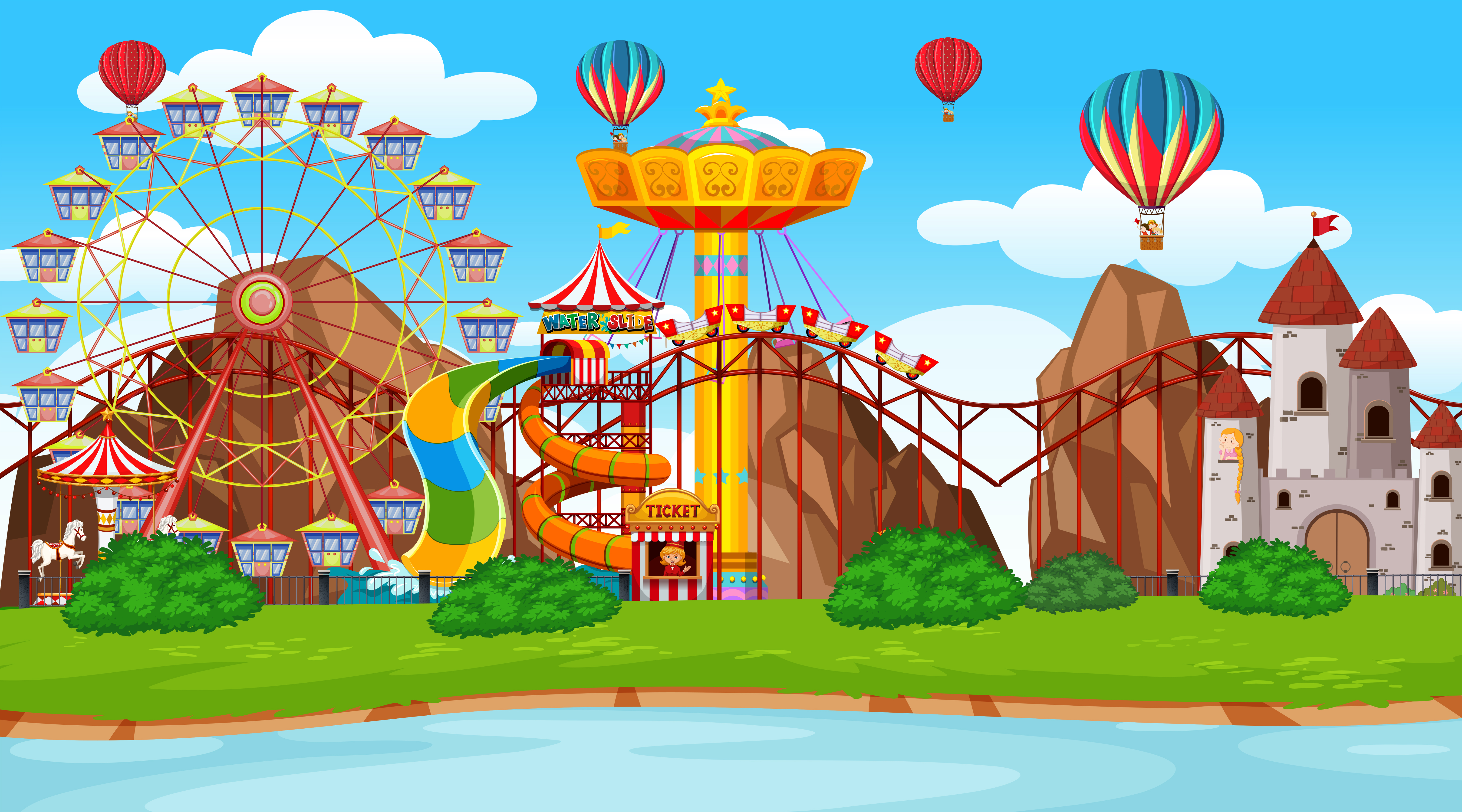 Large amusement park scene 607620 Vector Art at Vecteezy