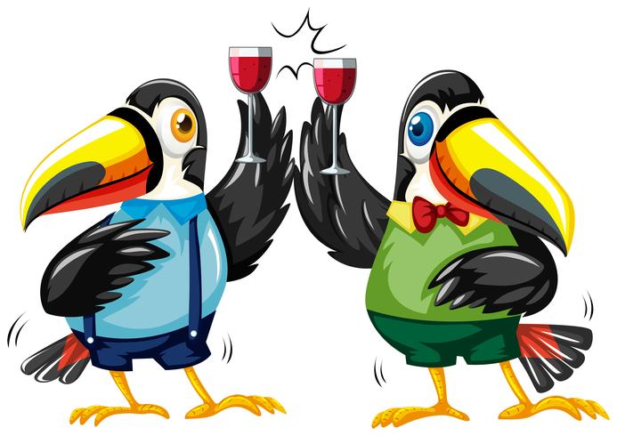 Dos tucanes con copas de vino. vector