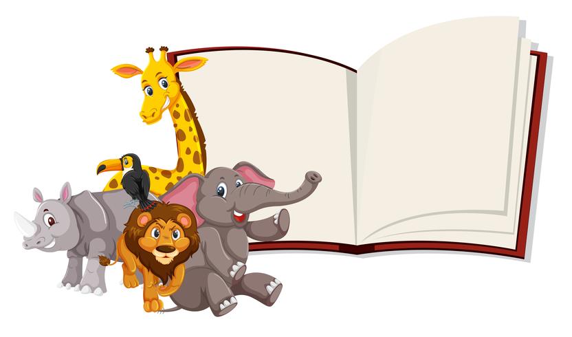 Wild animals open book template vector