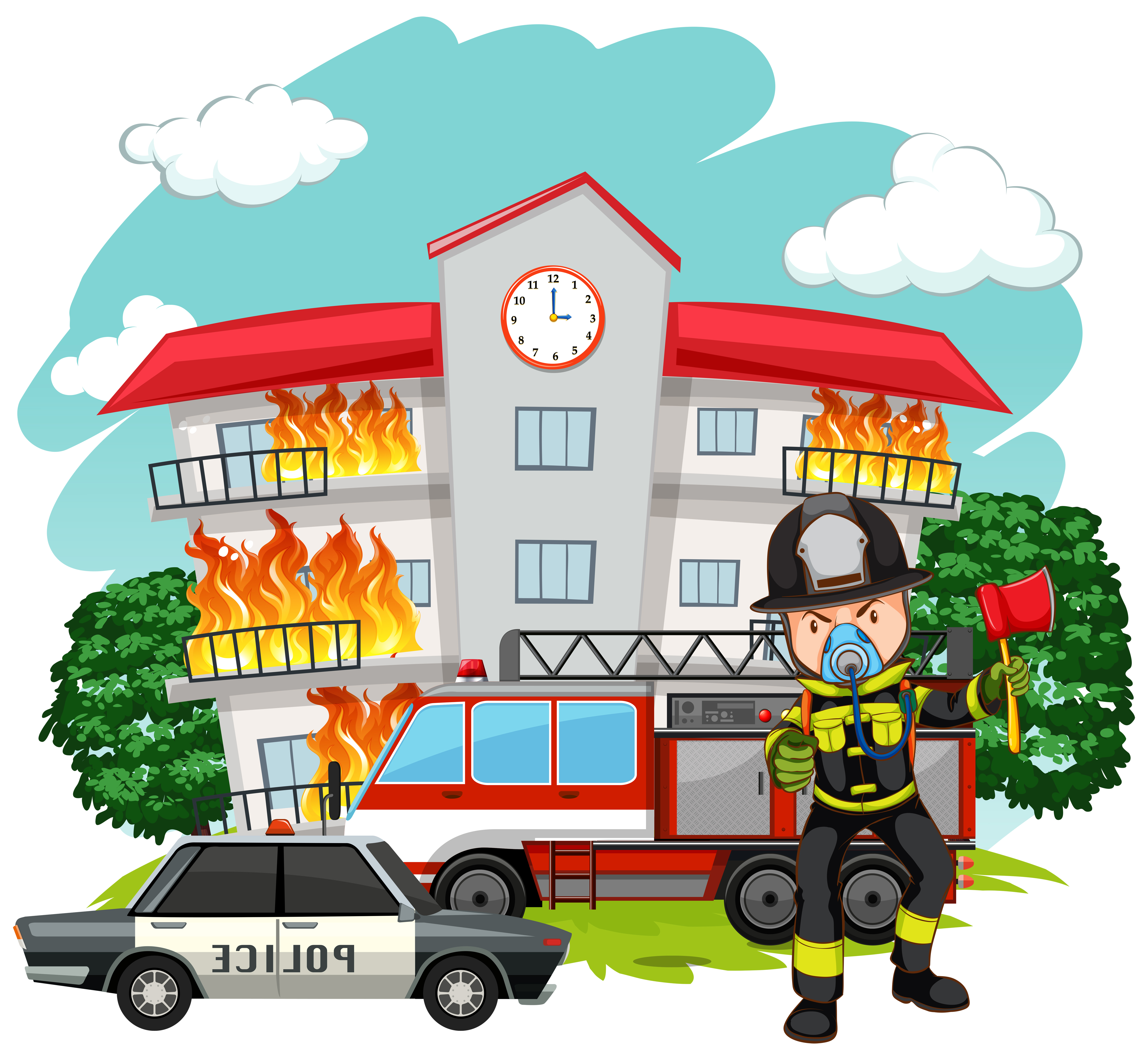 Пожарный тушит дом для детей