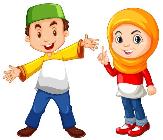 Niño y niña musulmanes en traje tradicional vector