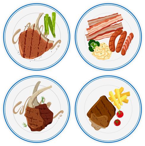 Diferentes carnes a la plancha en platos. vector