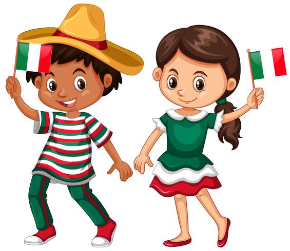 Feliz niño y niña sosteniendo la bandera de México vector