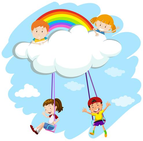 Kids playing swing on clouds vector