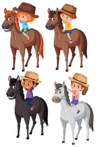 Conjunto de niños montando a caballo vector