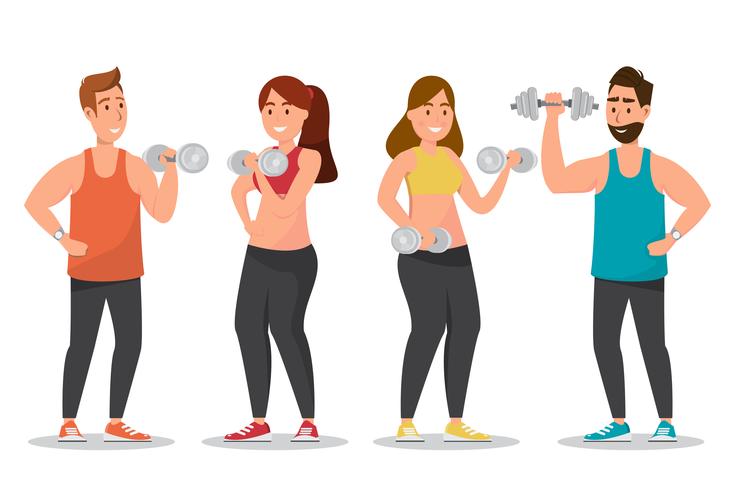 Happy man and woman dressed a sportswear and  doing exercises with dumbbells vector