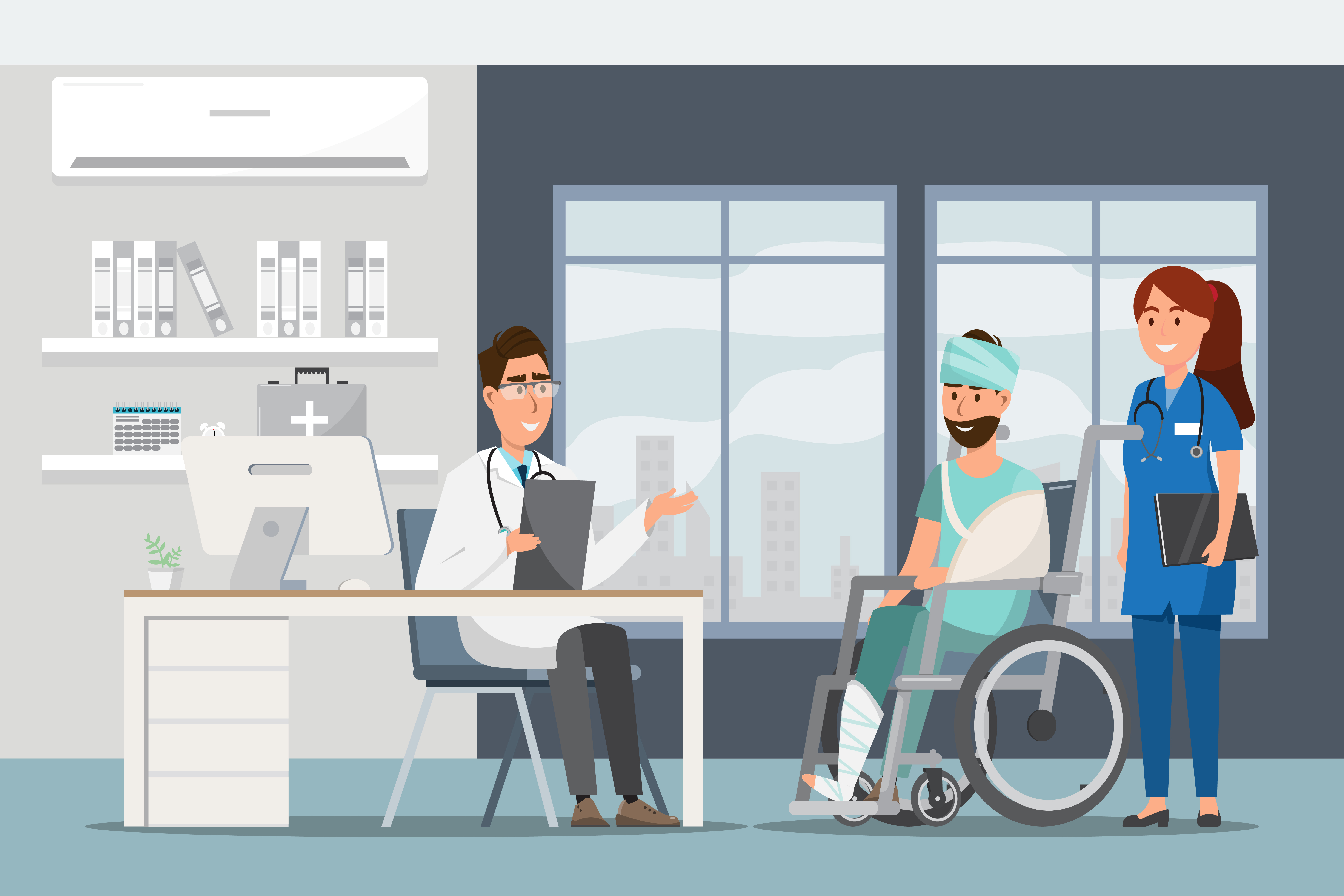Medical concept with doctor and patients in flat cartoon at hospital hall  608047 Vector Art at Vecteezy