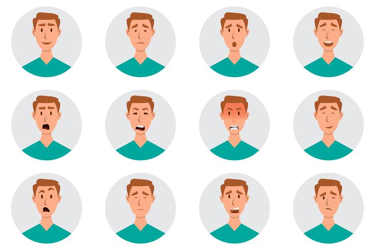 Conjunto de emociones faciales masculinas. Personaje de hombre emoji con diferentes expresiones. vector