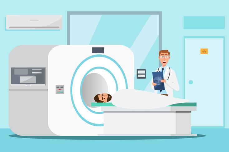 doctor standing and man lying down for x-ray with MRI scanner machine vector