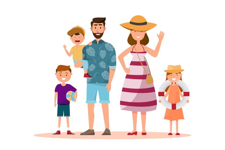 Happy family. Father, mother, son and daughter together with summer trip vector