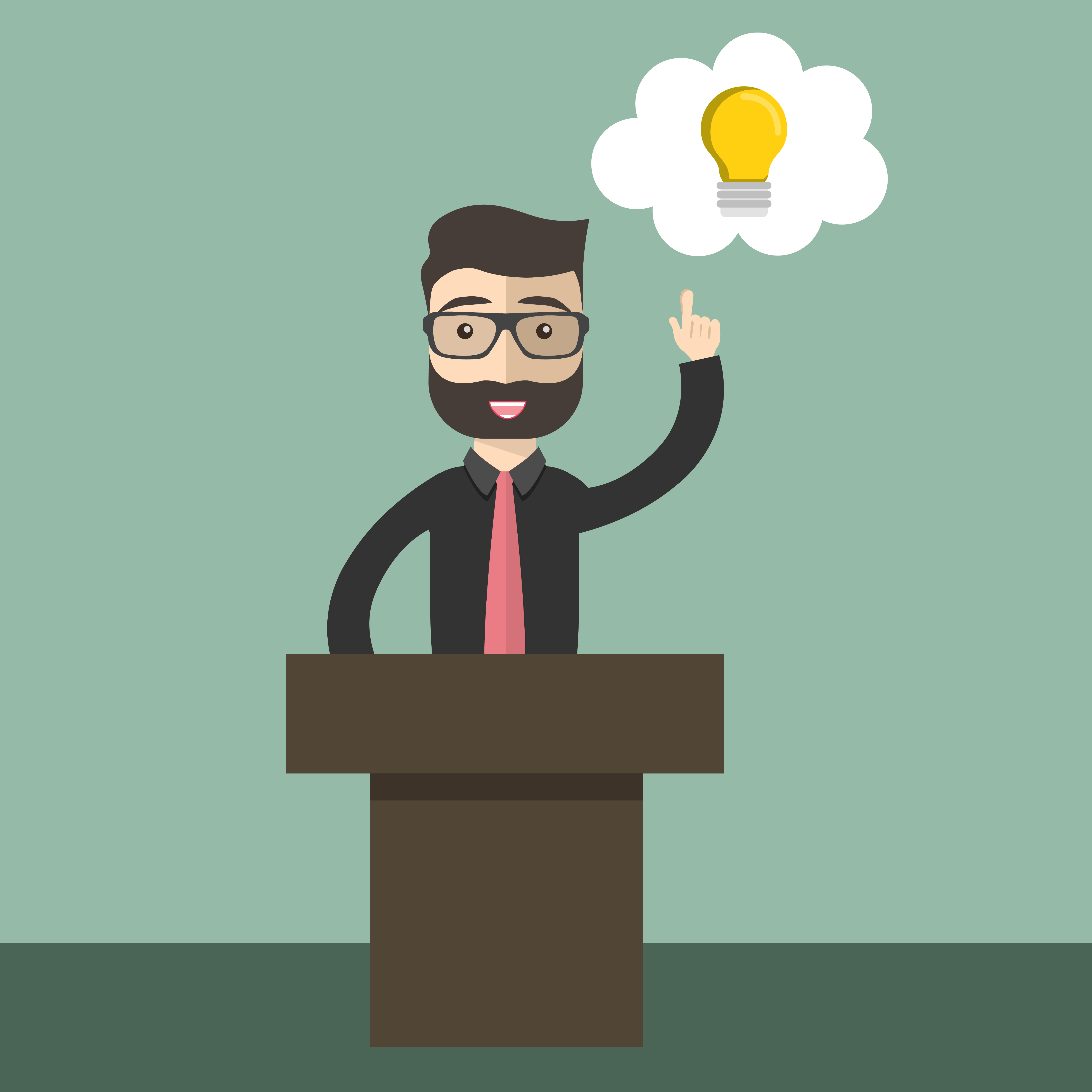 Businessman with an idea concept. Man standing next to light bulb as