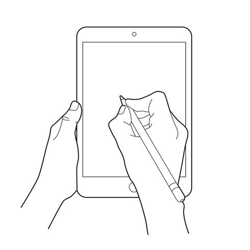 Hand drawing with a electronic pencil  on a tablet touch device. Gesture icon for tablets.  vector