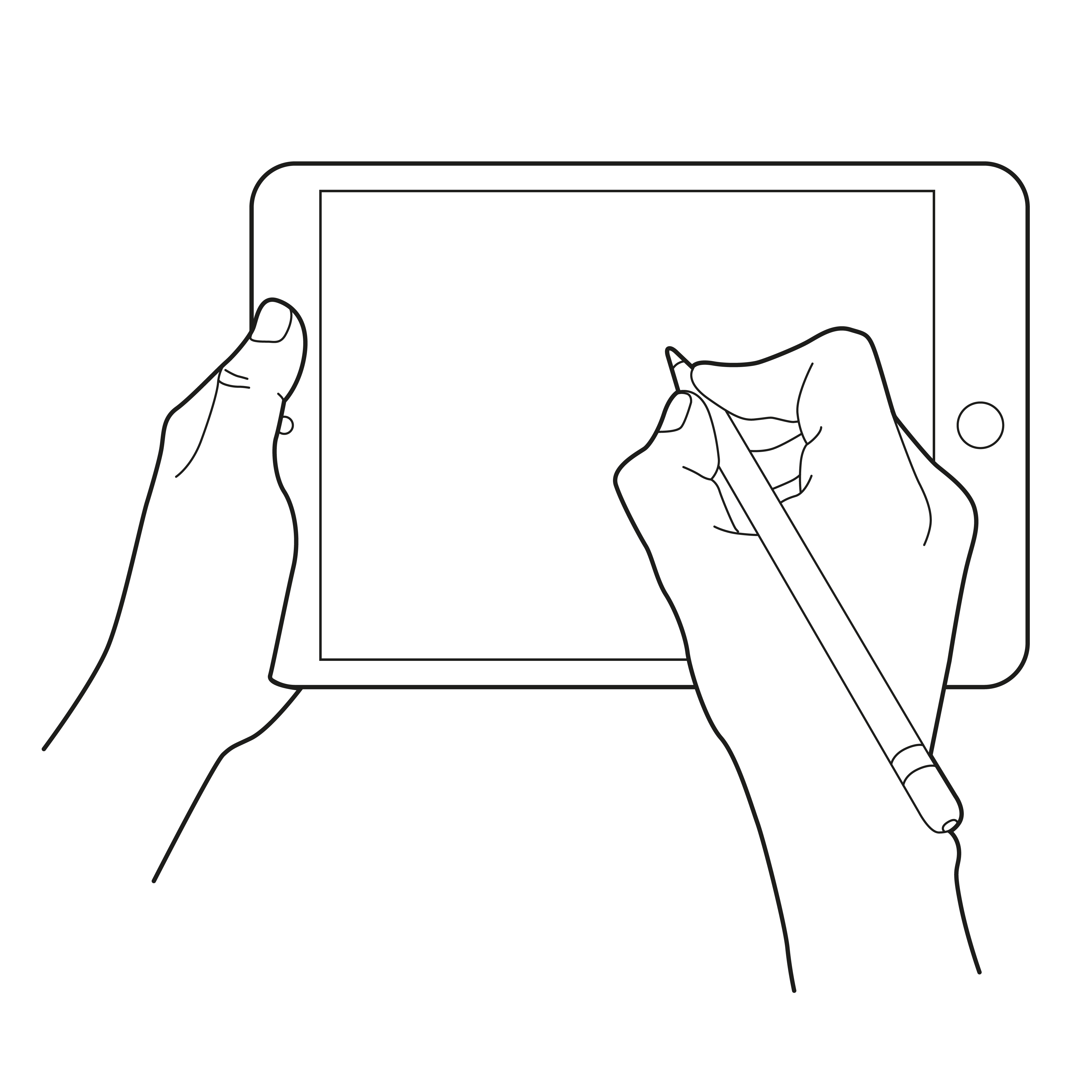 Hand drawing with a electronic pencil on a tablet touch device. Gesture