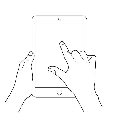 Bosquejo de la mano que sostiene una tableta y el dedo tocando la pantalla en blanco, toque la pantalla o gire el gesto. vector