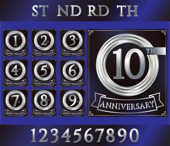 Anniversary silver ring logo with numbers. Set of anniversary cards with ribbon on blue background vector