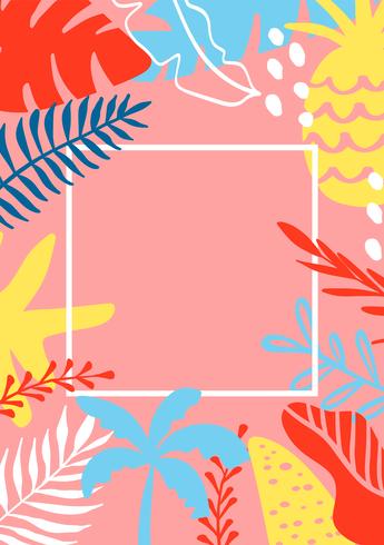 Summer greeting card template with tropical leaves on background and place for text. Vector illustration template