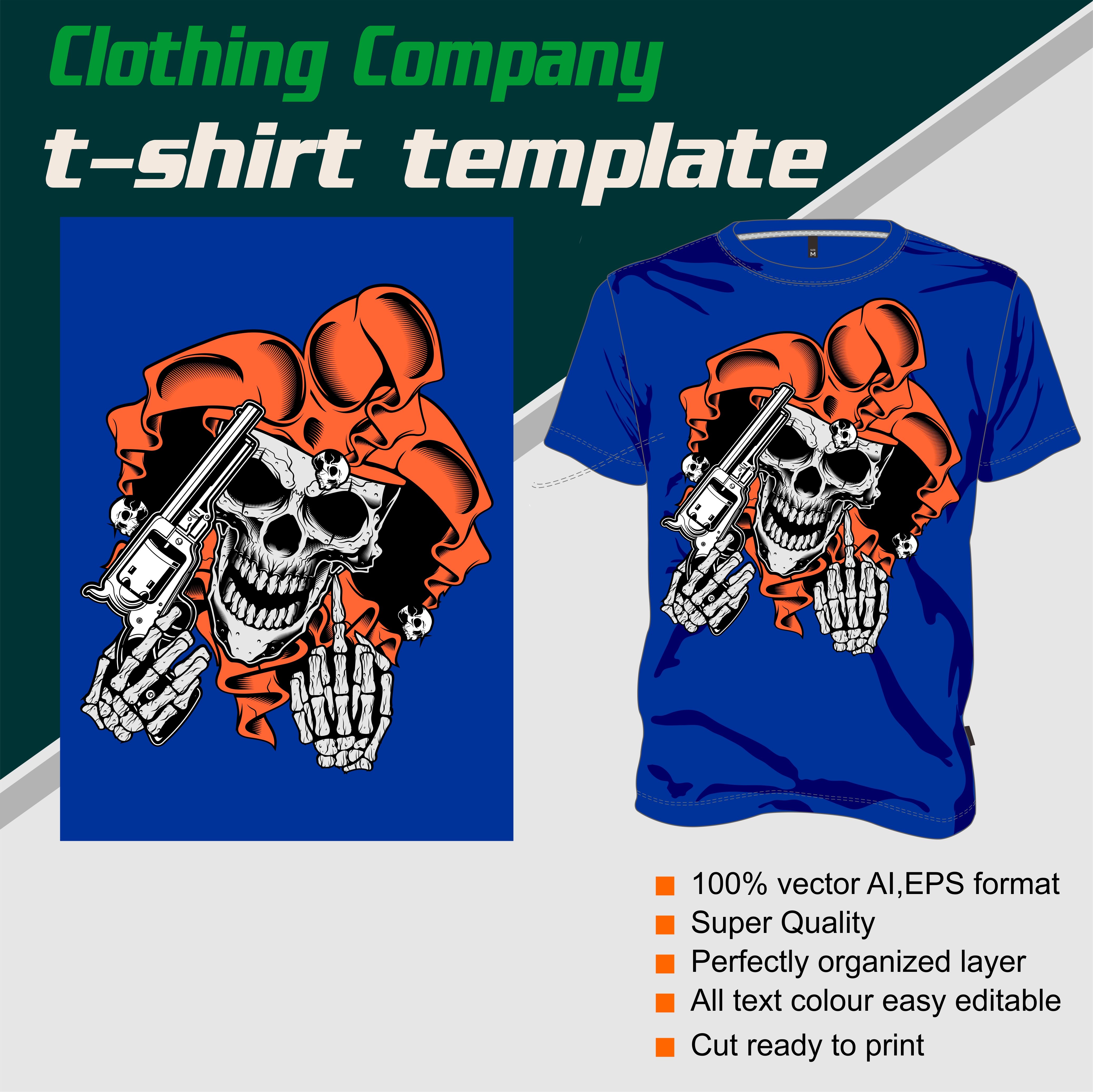 Download T-shirt template, fully editable with skull and gun vector ...