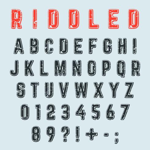 Riddled alphabet font. Letters, numbers, and punctuation mark grunge design vector