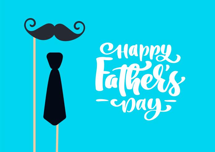 El día de padres feliz aisló el texto caligráfico de las letras del vector con el bigote y el lazo. Dibujado a mano la tarjeta de felicitación de la caligrafía del día del padre. ilustración para papá