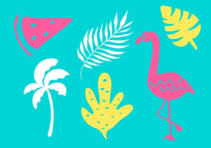 Colección tropical para fiesta de playa en verano exóticas hojas, árboles, flamencos y frutas. Vector de diseño aislados elementos sobre el fondo blanco