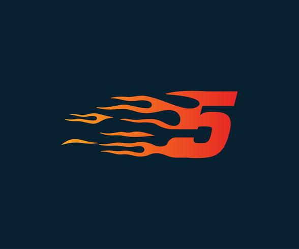 Número 5 fuego llama Logo. Plantilla de concepto de diseño de carrera de velocidad vector