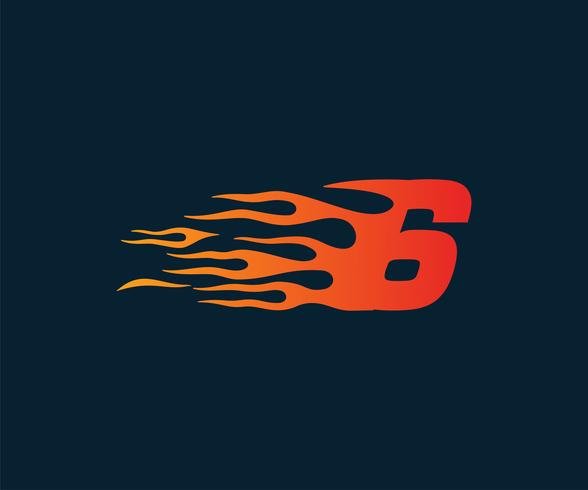 Número 6 fuego llama Logo. Plantilla de concepto de diseño de carrera de velocidad vector