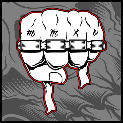 Clenched man fists with Thug life tattoo holding brass knuckles - Vector
