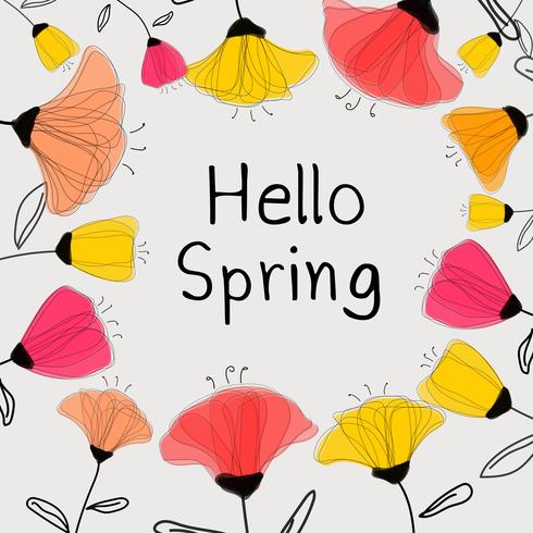 Hello Spring Greeting Card With Colorful Flowers. Vector Illustration Background.