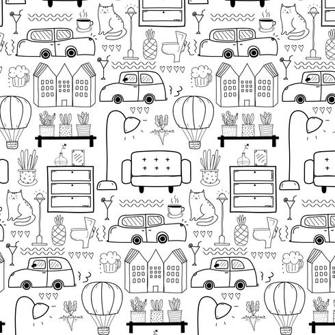 Line Hand Drawn Doodle Living Pattern Background. Vector Illustration.