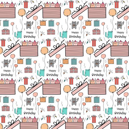 Pattern Background Happy Birthday concept With Cute Cat In The Big Gift Box. vector