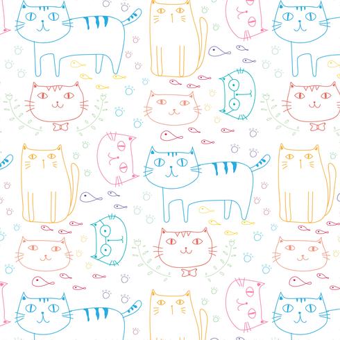 Hand Drawn Cats Vector Pattern Background. Doodle Funny. Handmade Vector Illustration.