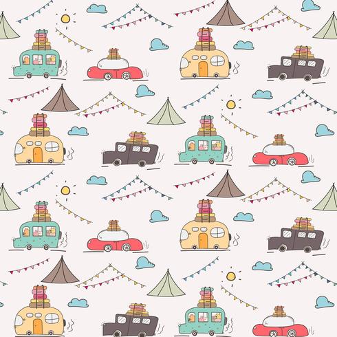 Camping Car Vector Pattern Background.