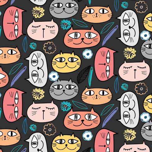 Cute Cat And Floral Pattern Background. Vector Illustration.