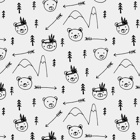 Hand Drawn Cute Bear Tribal Pattern Background. Vector Illustration.