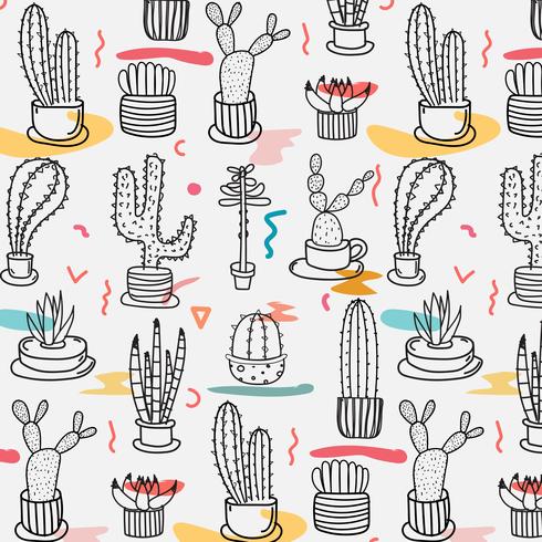 Hand Drawn Tropical Cactus Pattern. Hand Made Vector Illustration.