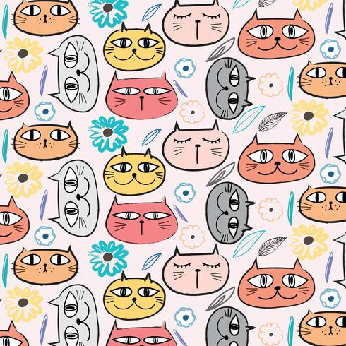 Cute Cat And Floral Pattern Background. Vector Illustration.