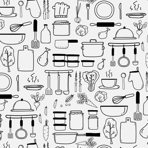 Pattern With Line Hand Drawn Doodle Vector Cooking Background Include Cooking Equipment  Raw Materials. Vector Illustration.