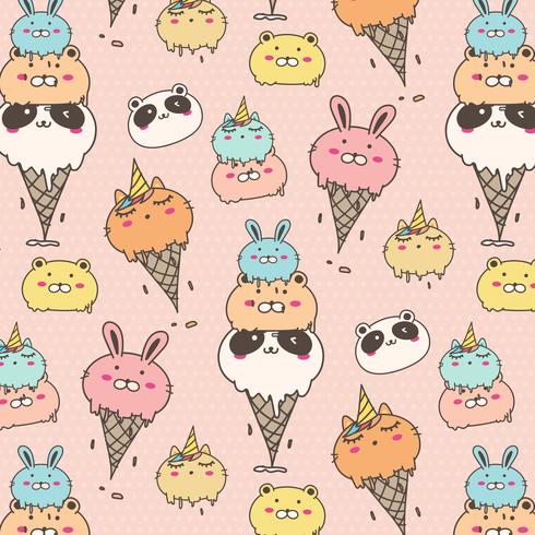 Cute Animal Ice Cream Pattern Background. Hand Drawn Vector Illustration.