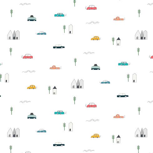 Pattern With Abstract Home Car And Tree Design Elements. Handmade Vector Illustration Background.