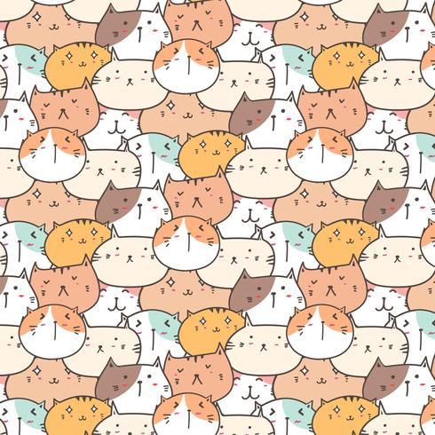 Cute Cats Vector Pattern Background. Fun Doodle. Handmade Vector Illustration.