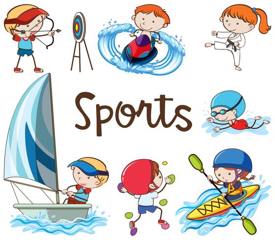 Doodle niños haciendo actividades deportivas vector