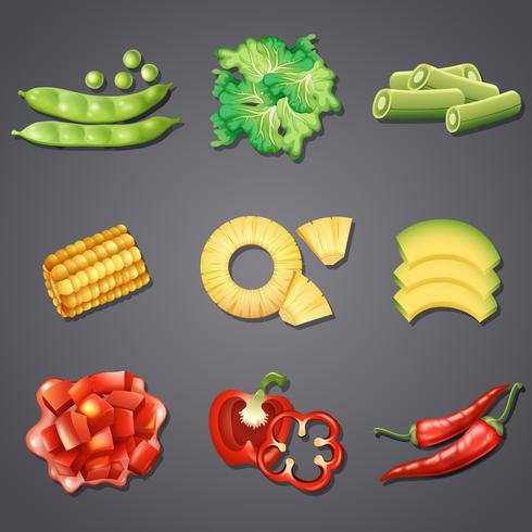 Conjunto de diferentes verduras y frutas. vector