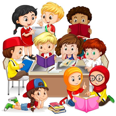 Group of international children learning vector