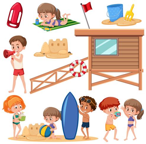 Conjunto de niños en la playa. vector