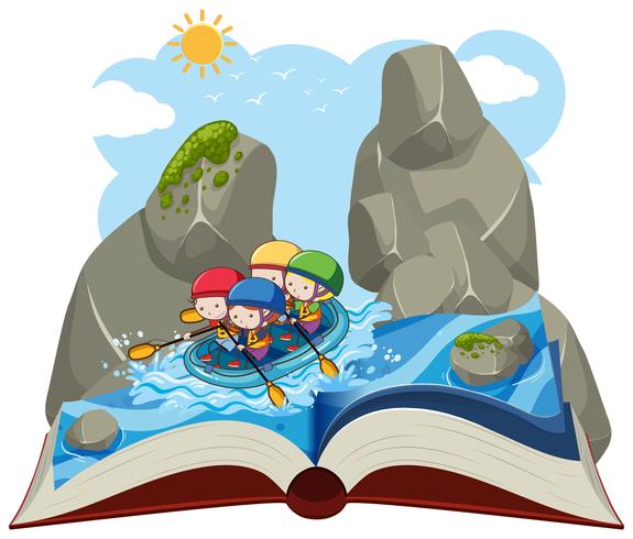 Gente rafting en un libro pop-up vector